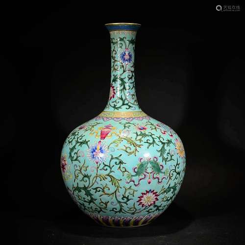 QING D., A GREEN GROUND FAMILLE ROSE VASE