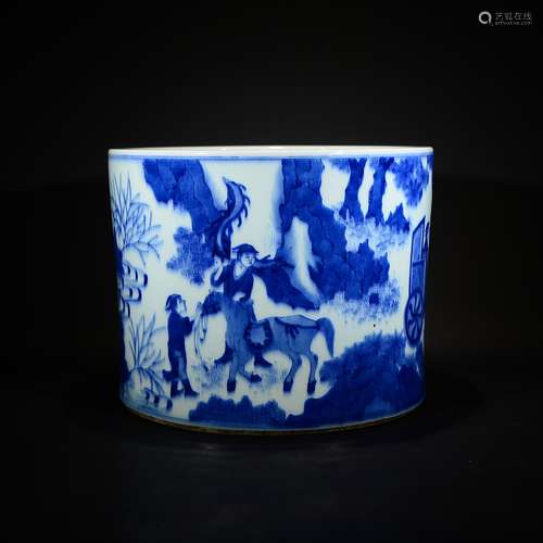 EARLY QING D., A BLUE AND WHITE ‘LANDSCAPE' FIGURAL BRUSHPOT