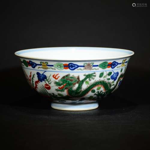 QING D., A WUCAI BOWL WITH DRAGON AND PHOENIX PATTERN