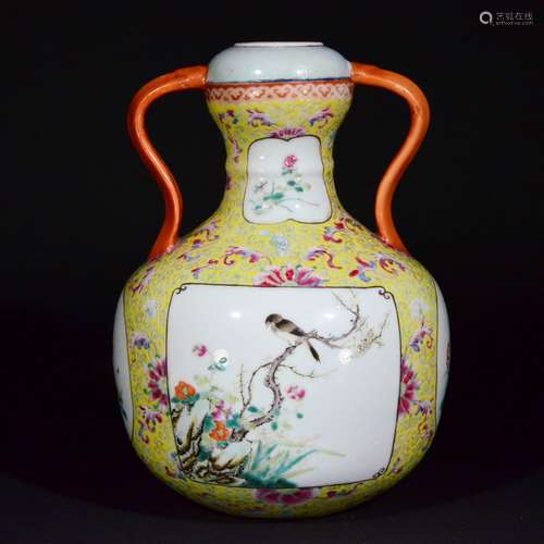 QING D., A YELLOW GROUND FAMILLE ROSE VASE