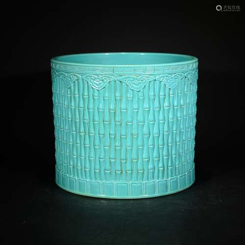 QING D., A GREEN GLAZED BAMBOO PATTERN BRUSHPOT