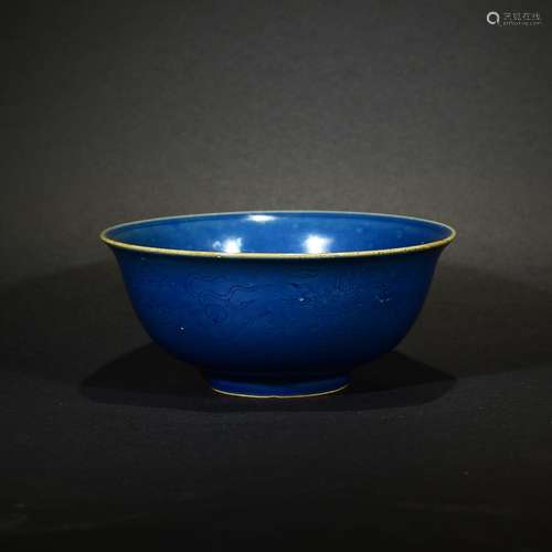 JIAJING MARK, A BLUE GLAZED DRAGON BOWL