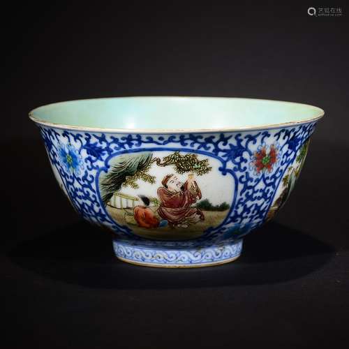 QING D., A BLUE AND WHITE FAMILLE ROSE FIGURAL BOWL