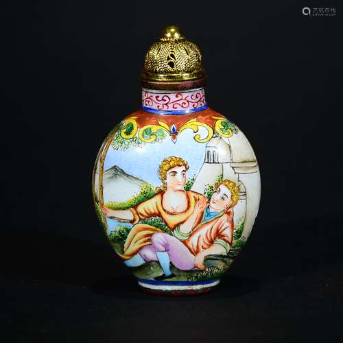 QIANLONG MARK, A CLOISONNE FIGURAL SNUFF BOTTLE