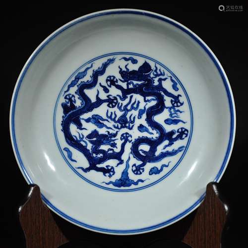 JIAJING MARK, A BLUE AND WHITE DRAGON DISH