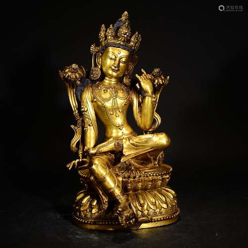 QING D., A GILT BRONZE GREEN TARA FIGURE STAND