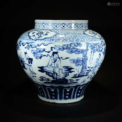 A BLUE AND WHITE FIGURAL JAR