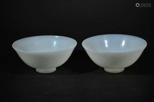 QING D., A PAIR OF JADE-STYLE GLASS BOWLS