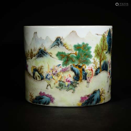 QING D., A FAMILLE ROSE ‘LANDSCAPE' FIGURAL BRUSHPOT