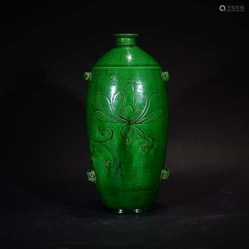 LIAO OR LATER, A GREEN GLAZED CARVED VASE