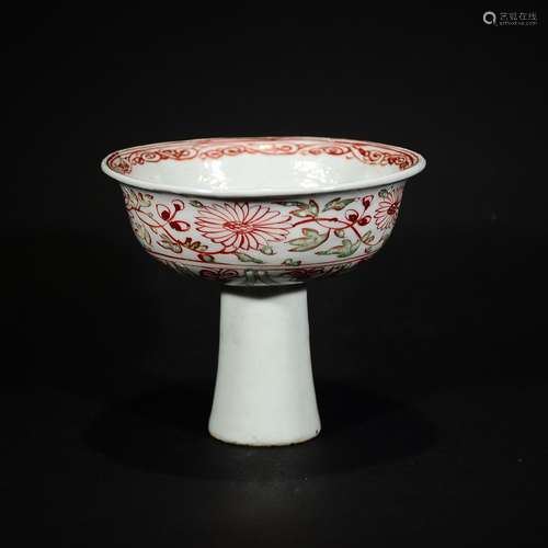 A RED-GREEN GLAZED HIGH STEM CUP CARVED