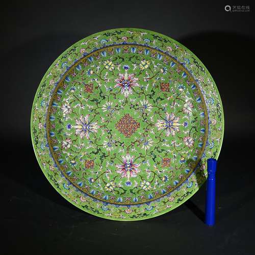 QING D., A GREEN GROUND FAMILLE ROSE FLORAL DISH