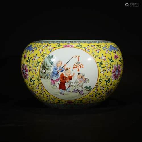 QING D., A YELLOW GROUND FAMILLE ROSE FIGURAL JAR