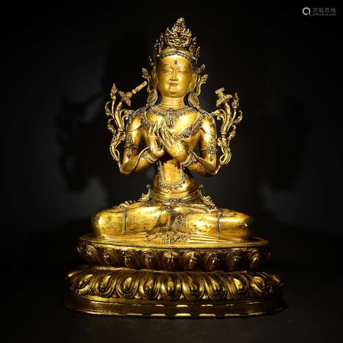 QING D., A GILT BRONZE GREEN TARA FIGURE STAND