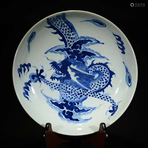 MING OR LATER, A BLUE AND WHITE DRAGON DISH