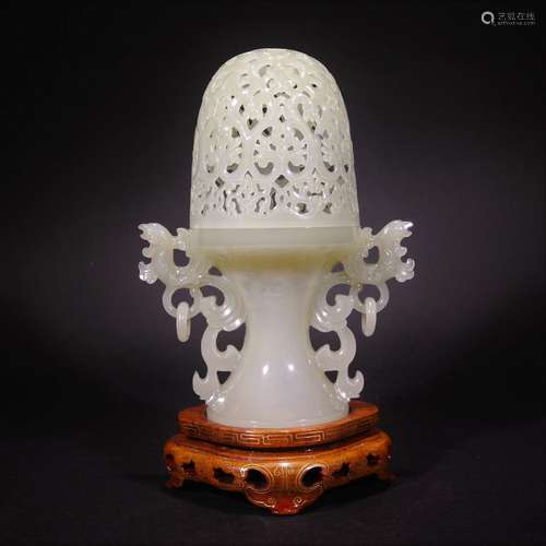 QING D., A CARVED WHITE JADE CANDLESTICK WITH STAND