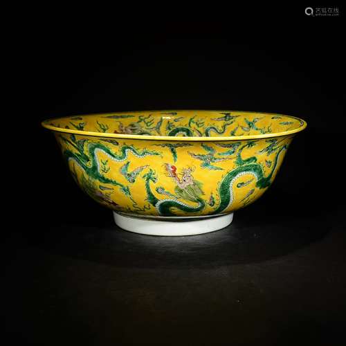 KANGXI MARK, A YELLOW GROUND FAMILLE ROSE MASSIVE BOWL