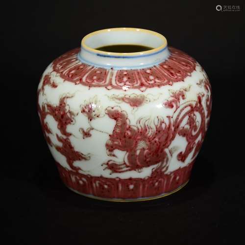 MING OR LATER, A BLUE AND WHITE COPPER RED JAR WITH DRAGON PATTERN