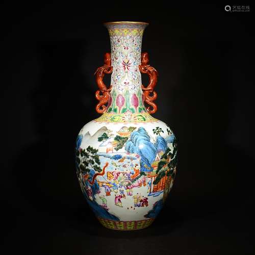 QING D., A FAMILLE ROSE ‘LANDSCAPE' FIGURAL VASE