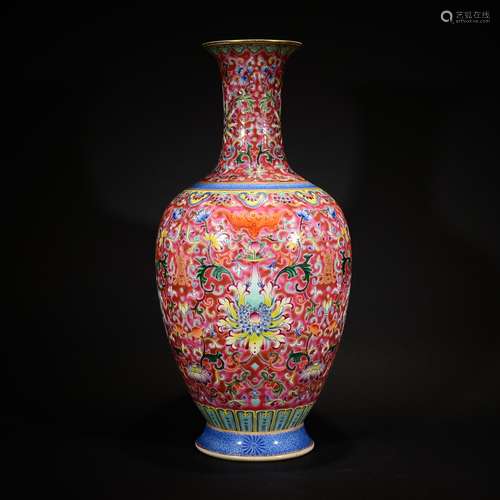 QIANLONG MARK, A RED GROUND FAMILLE ROSE FLOWER VASE