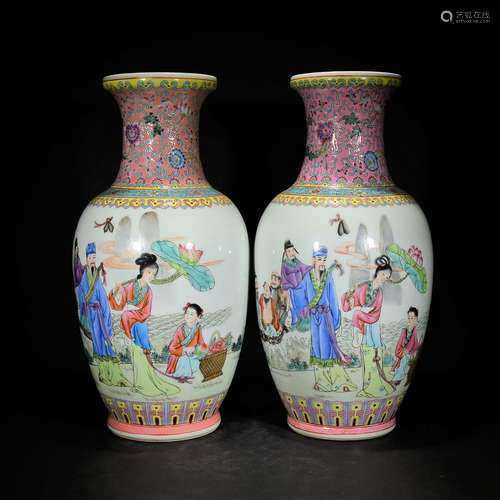 QIANLONG MARK, A PAIR OF FAMILLE ROSE FIGURAL VASES