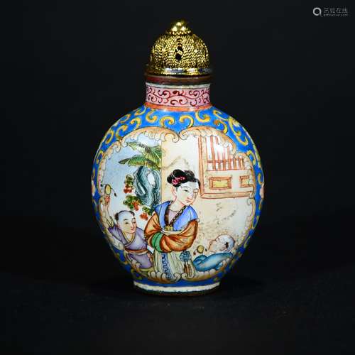 QIANLONG MARK, A CLOISONNE FIGURAL SNUFF BOTTLE