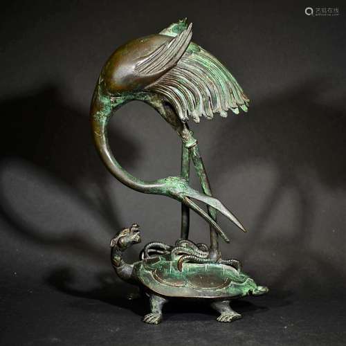 QING D., A TORTOISE AND CRANE SHAPE BRONZE ORNAMENT