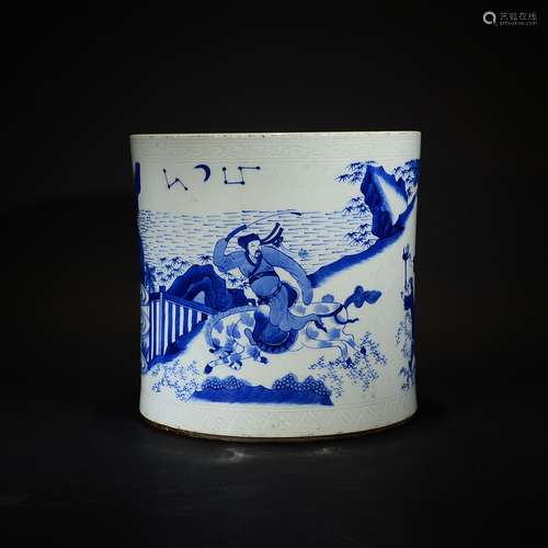 MING OR LATER, A BLUE AND WHITE FIGURAL BRUSHPOT