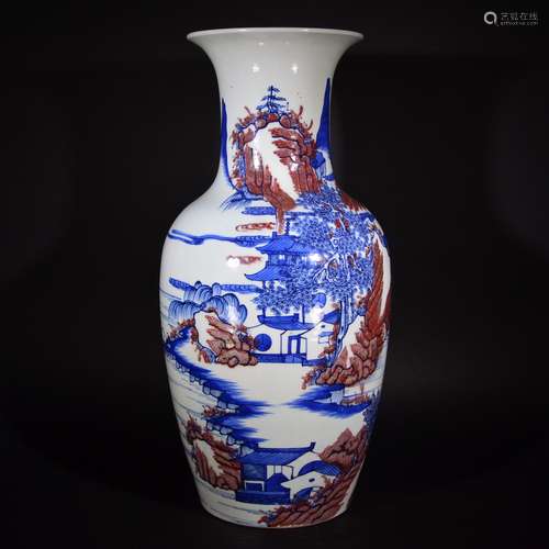 A BLUE AND RED LANDSCAPE VASE