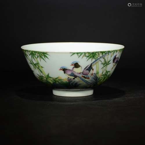 YONGZHENG MARK, A CLOISONNE BOWL WITH BIRD AND BAMBOO PATTERN