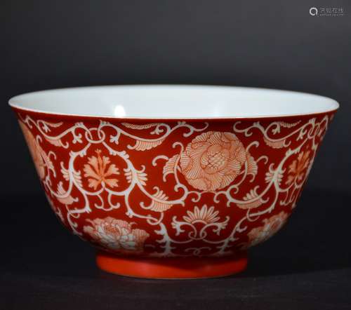 QING D., A RED GROUND FLOWER BOWL