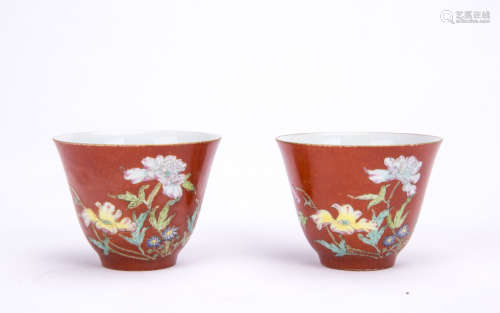 Pair of Coral Red Glazed Famille Rose Wine Cups