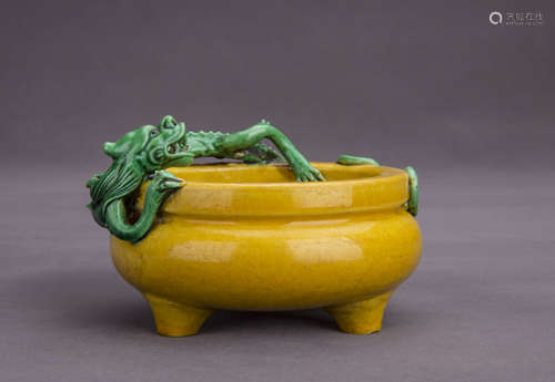 A YELLOW GLAZED TRIPOD CENSER