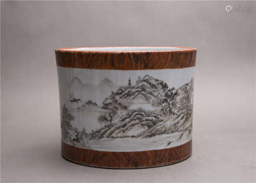 A FAUX BOIS GRISAILLE-DECORATED BRUSHPOT