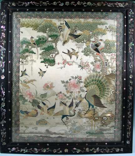 Chinese Embroidery panel in Mother-of-Pearl Inlaid Rosewood Frame.