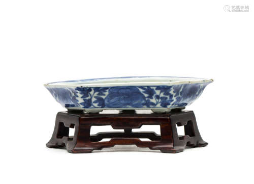 Chinese Blue and White Dish with Wood Stand