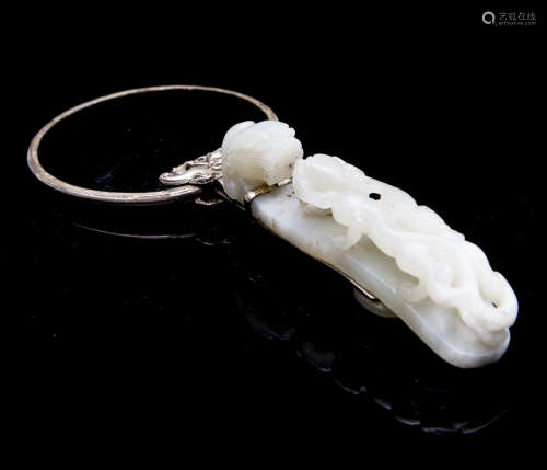 Chinese Silver Mirror with Carved White Jade Dragon Belt Hook