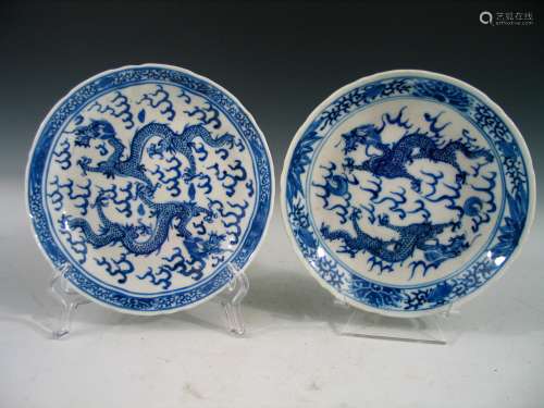 Pair of Chinese Blue and White Porcelain Plates, Dragon Decoration