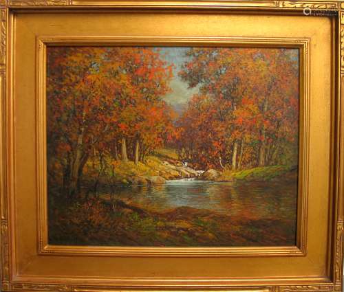 Fall Landscape with Waterfall, Oil on Canvas Painting by William Paskell