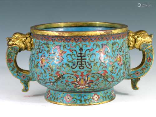 Chinese Cloisonne Incense Burner with Two Dragon Handles