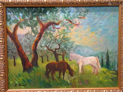 Two Horses, Oil on Board Painting by R. Pearl