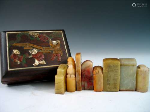 Eight Chinese Jade Seals in Wood Box