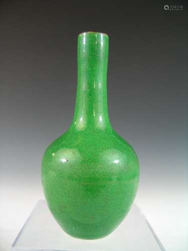 Chinese Monochrome Cucumber Green Crackle Glazed Porcelain Vase, 19th Century.