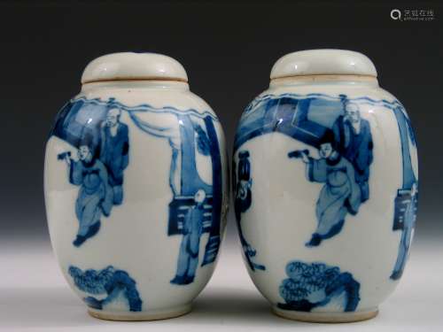 Pair of Antique Chinese Blue and White Porcelain Jars.