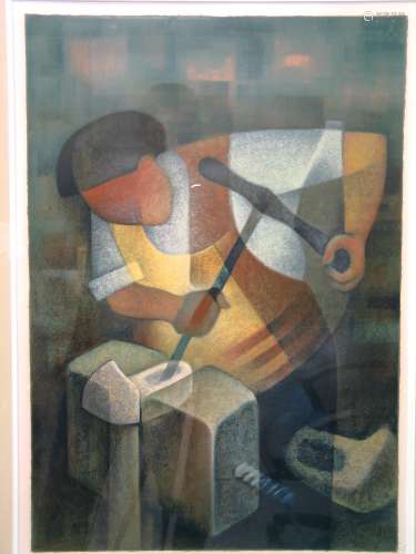 Worker with Tool Color Lithograph, signed and numbered.