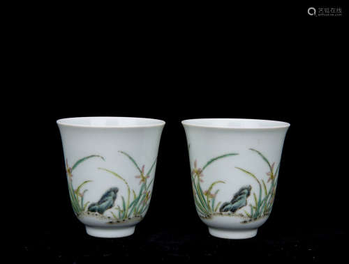 Pair of Chinese Famille Rose Porcelain Wine Cups, Qianlong Mark