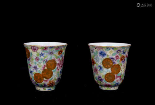 Pair of Chinese Famille Rose Mille Fleurs Cups.