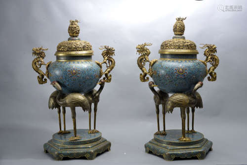 A PAIR OF LARGE CLOISONNE ENAMEL INCENSE BURNERS AND COVERS