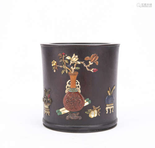 Chinese Carved Wood Brush Pot with Stone and Bone Inlaid.
