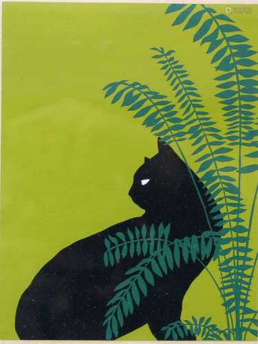 Cat with Fern Color Lithograph Signed by Jan Roy